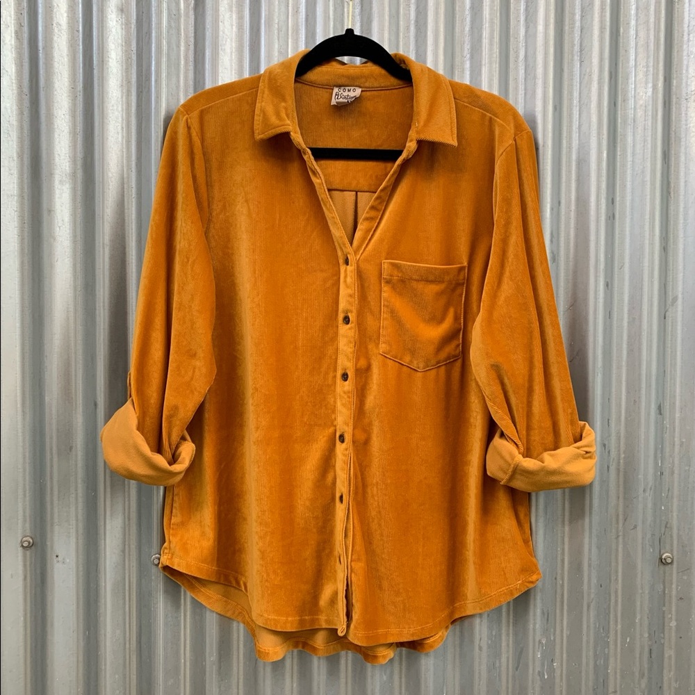 Velour Corduroy Golden Yellow Button-Down Shirt Comfy VTG Velvet Cozy Plus Size